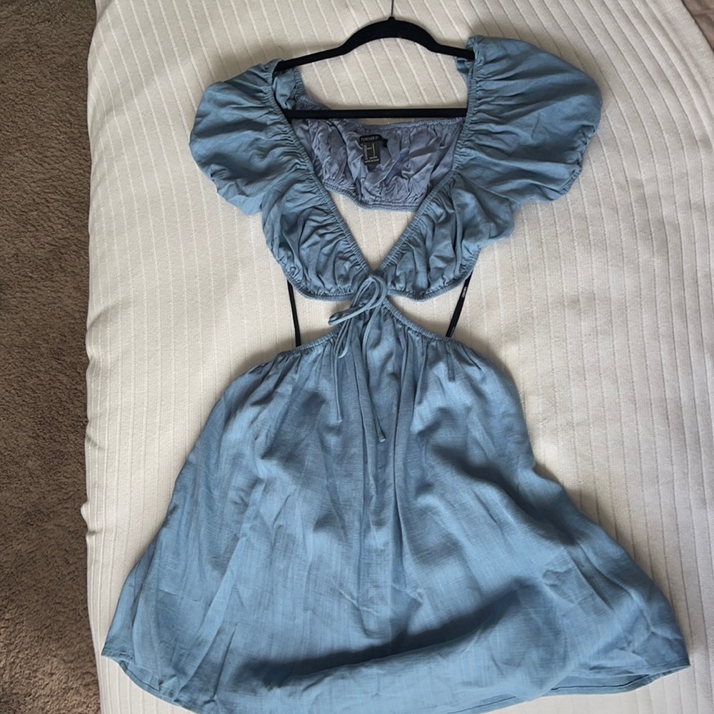 Blue cut out puff sleeve mini dress